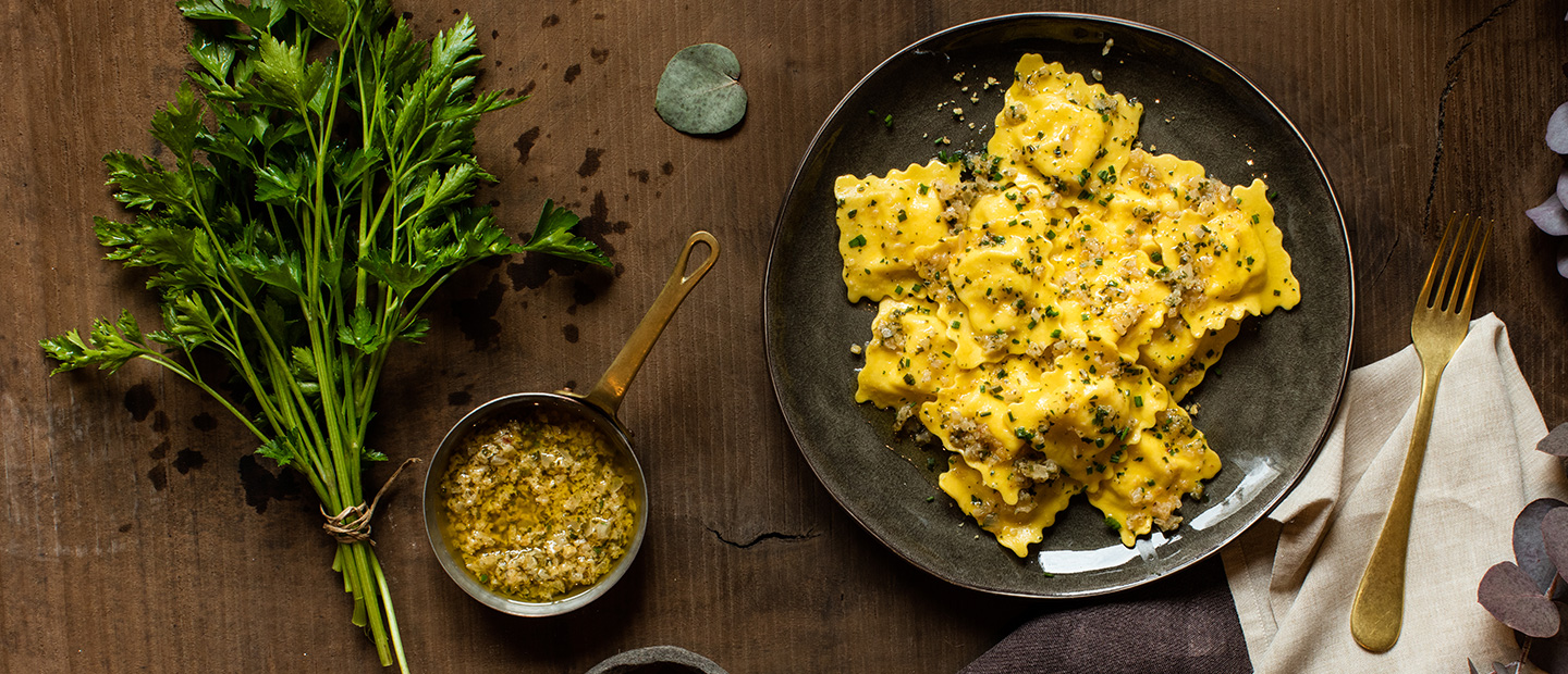 Lobster Ravioli with Old Bay, Butter and Bread Crumbs